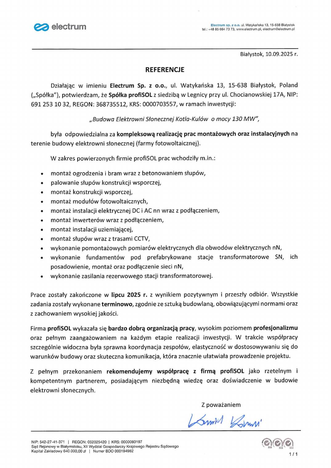 List referencyjny Kotla 130 MWp