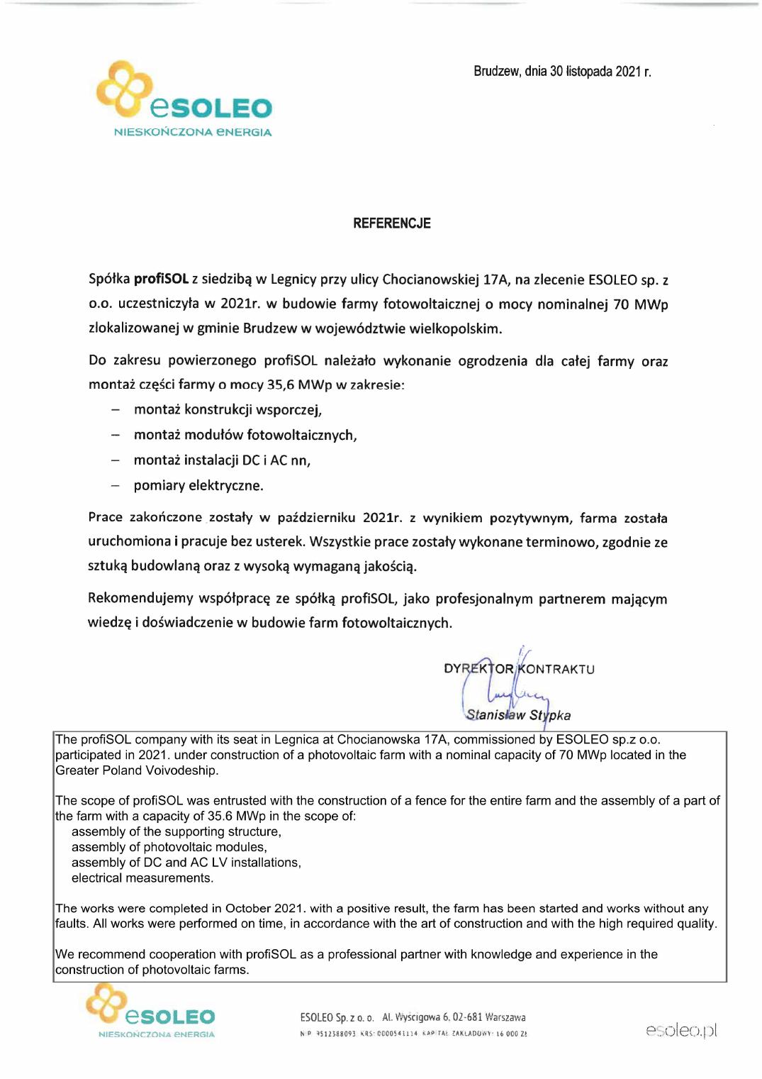 List referencyjny ESOLEO — 70 MWp