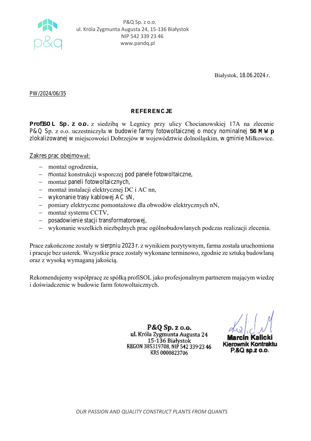 List referencyjny Dobrzejów 56 MWp