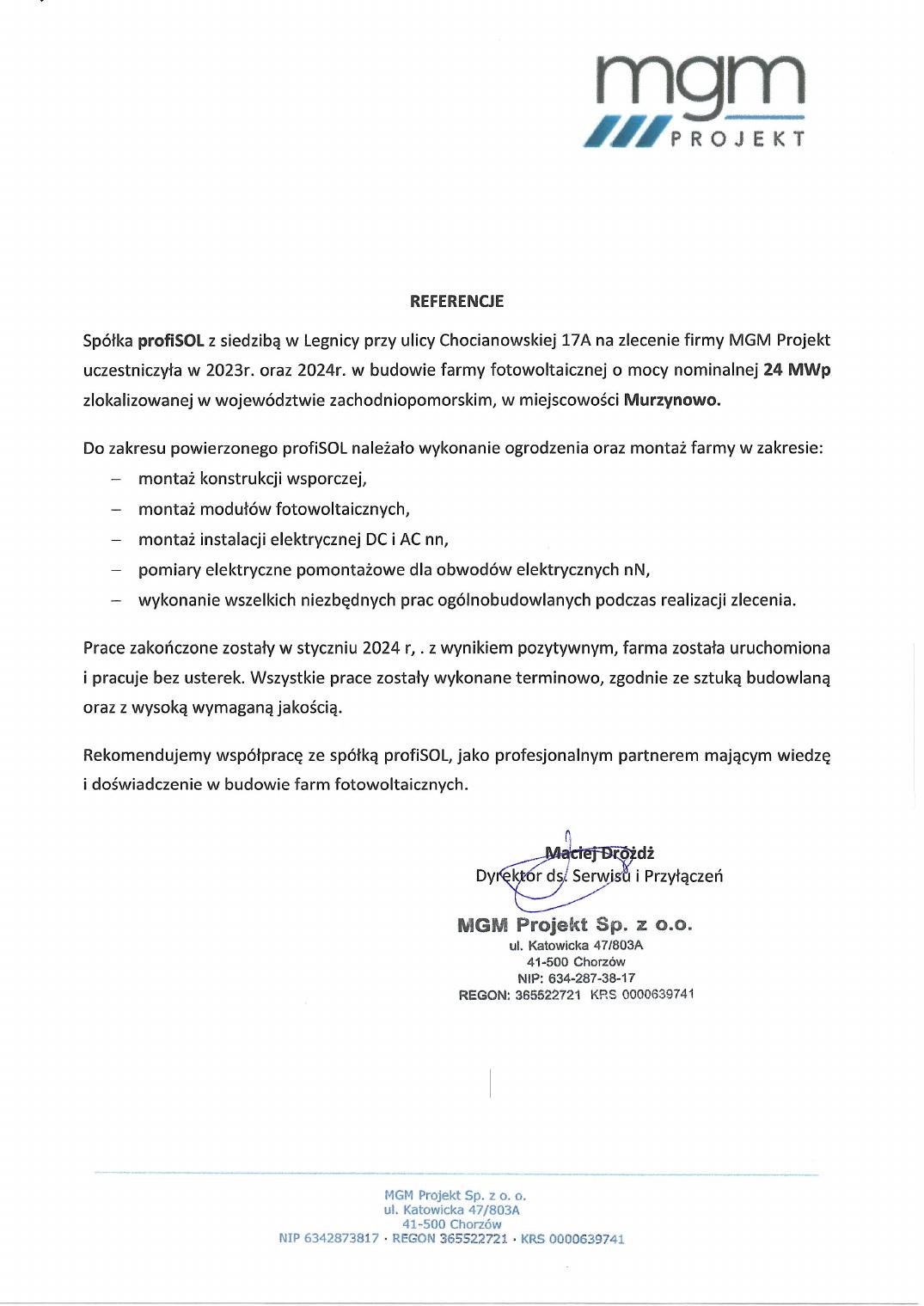 List referencyjny MGM — Murzynowo 24 MWp