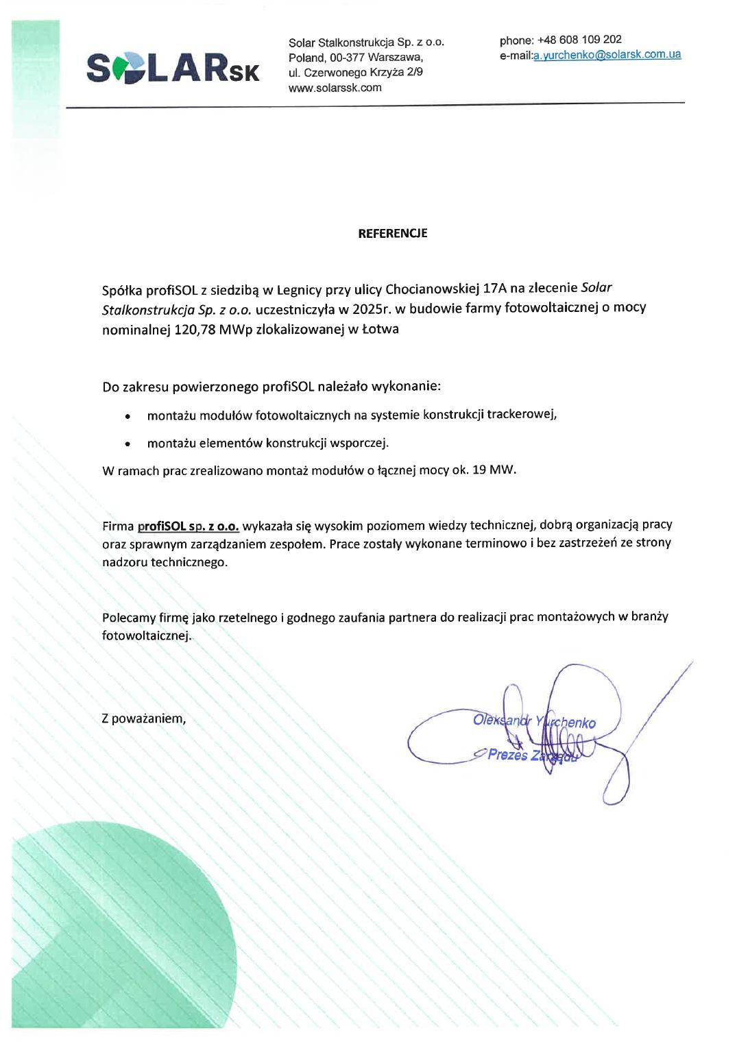 List referencyjny Profisol — SSK